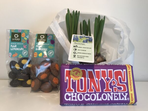 Voorjaarspakket-paaseitjes-Tony-s-Chocolonely-Bollen-in-pot-pakketzenden-cadeau-per-post-collega-s-verrassen-thuiswerken