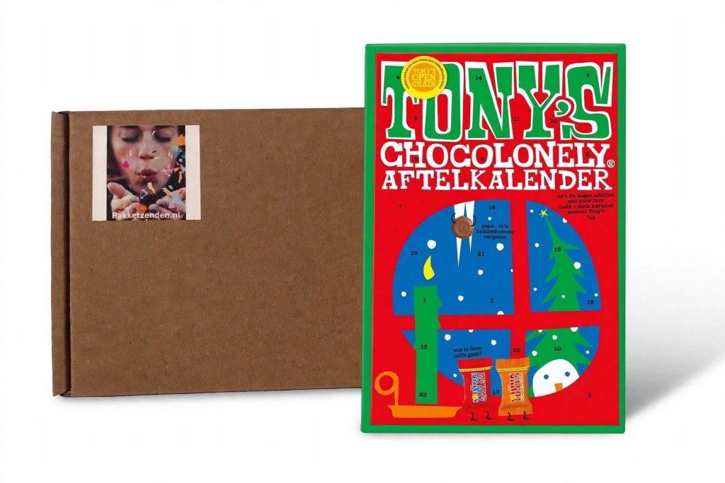 kerst adventkalender klein-tony 's chocolonely-kerst-kerstmis-pakketzenden.nl-chocolade - brievenbuscadeau